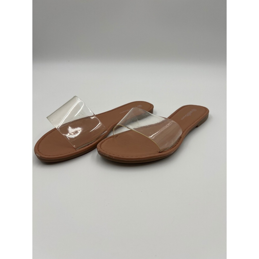 Wellsfountn Womens Size 10 Clear Strap Flat Slide Sandals Tan Transparent PVC